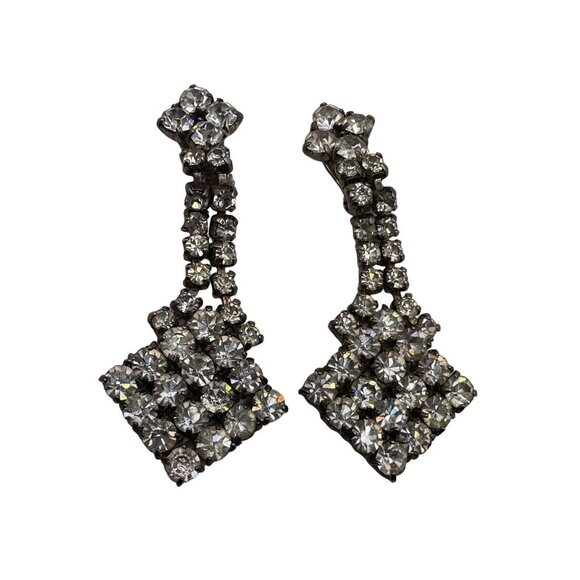 VTG  Mid Century Clear Rhinestone Dangle Drop Clip On Earrings Wedding Prom Read - Picture 6 of 10